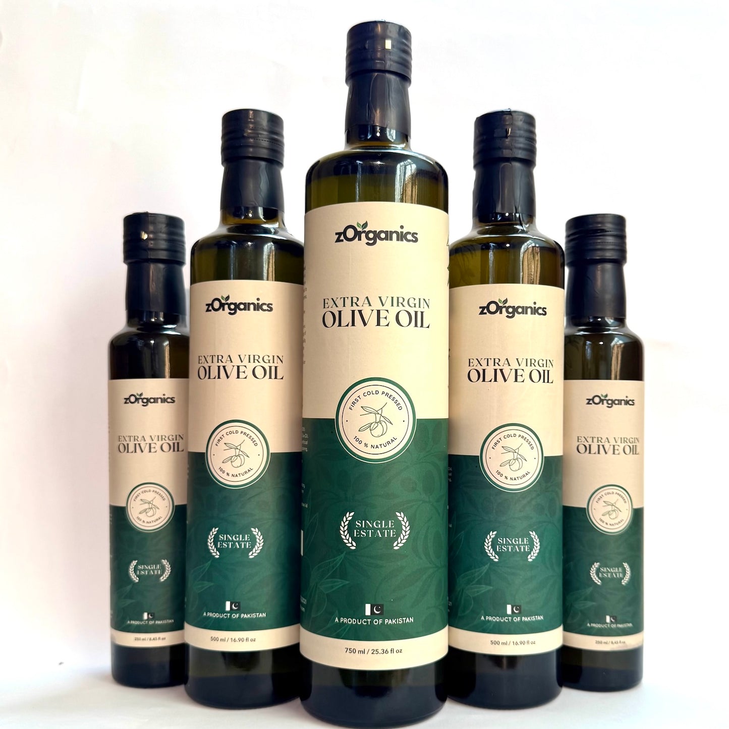 Bottles of premium extra virgin olive oil from zOrganics